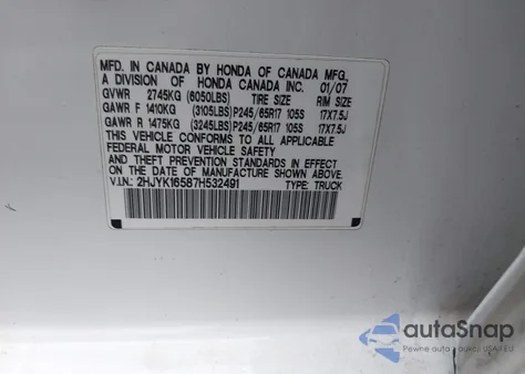 2007 Honda Ridgeline Rtl z USA, uszkodzony, nr VIN 2HJYK16587H532491